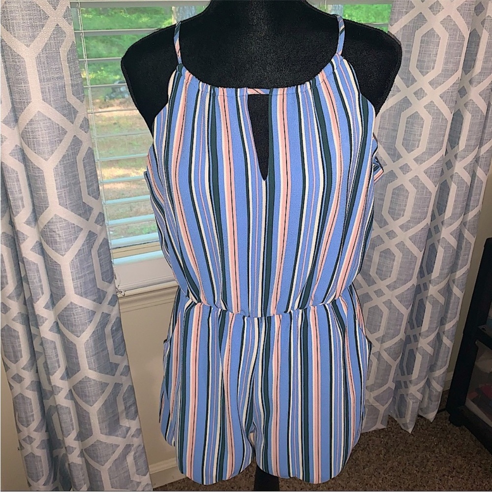 Blue Striped Scallop Romper